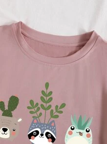 SHEIN LUNE Camiseta con estampado de slogan y dibujos animados - Rosa Pálido - Ver 5