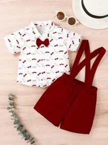 Toddler Boys Glasses & Moustache Print Bow Detail Shirt & Crisscross Pinafore Shorts