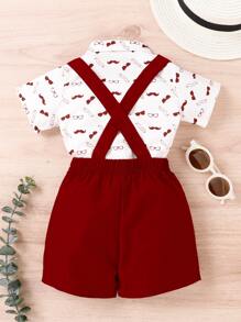 Toddler Boys Glasses & Moustache Print Bow Detail Shirt & Crisscross Pinafore Shorts
