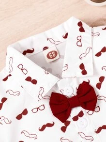 Toddler Boys Glasses & Moustache Print Bow Detail Shirt & Crisscross Pinafore Shorts