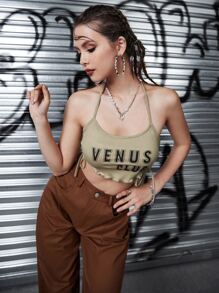 SHEIN ChicEase Letter Graphic Lace Up Side Halter Top - Khaki - View 1