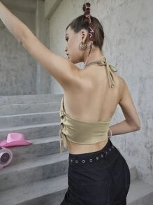 SHEIN ChicEase Letter Graphic Lace Up Side Halter Top - Khaki - View 2