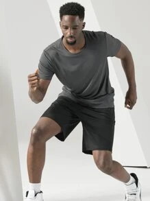 Boyfriend Style Men Round Neck Solid Sports Tee - Dark Grey - View 3