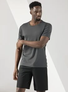 Boyfriend Style Men Round Neck Solid Sports Tee - Dark Grey - View 4