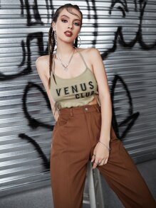 SHEIN ChicEase Letter Graphic Lace Up Side Halter Top - Khaki - View 4