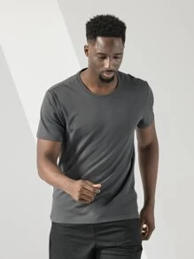 Boyfriend Style Men Round Neck Solid Sports Tee - Dark Grey - View 5