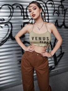 SHEIN ChicEase Letter Graphic Lace Up Side Halter Top - Khaki - View 6