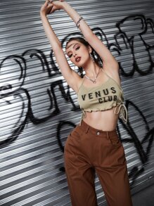 SHEIN ChicEase Letter Graphic Lace Up Side Halter Top - Khaki - View 7