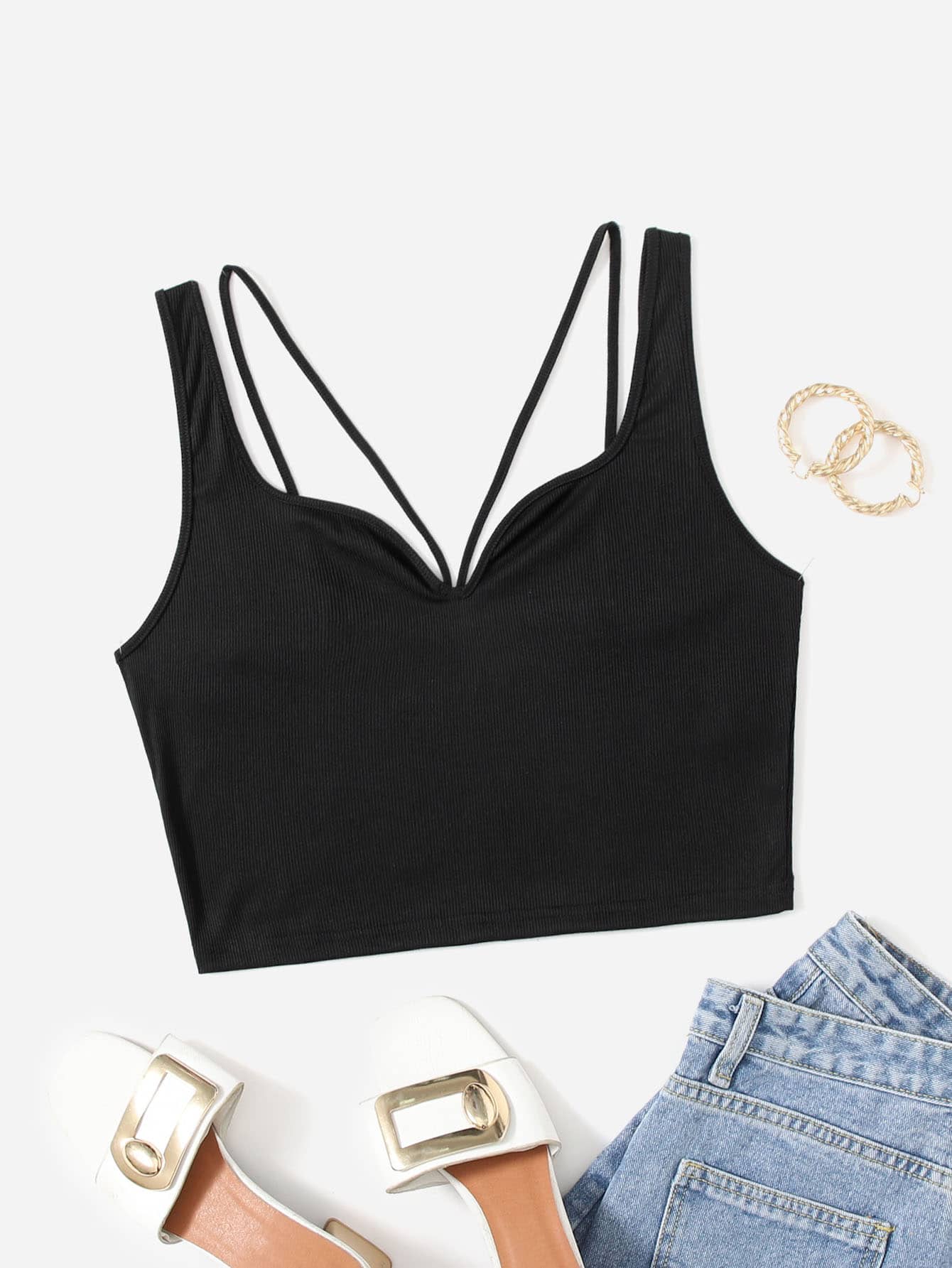 SHEIN Unity Áo hai dây Plus Size Lộ Lưng Gân đan màu trơn Gợi cảm - màu đen - Xem 1