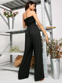 SHEIN VCAY Shirred Bodice Solid Tube Jumpsuit - Black - View 2
