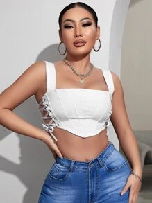 SHEIN SXY 側邊綁帶前接縫牛仔吊帶上衣 - 白色 - 查看 1