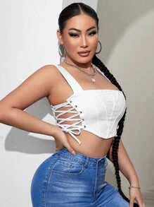 SHEIN SXY 側邊綁帶前接縫牛仔吊帶上衣 - 白色 - 查看 4