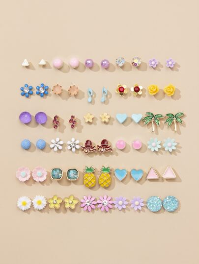 30pairs Pineapple & Flower Decor Stud Earrings Valentines,Mom,Mother,Mother's Day,Gift