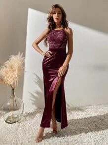 SHEIN Unity 蕾絲花邊高衩連衣裙 - 紫色 - 查看 2