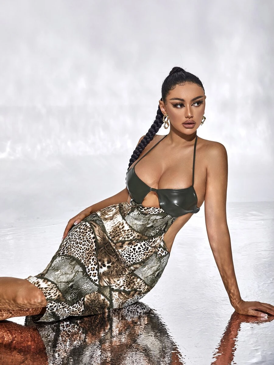 SHEIN SXY 豹紋印花後背繫帶連衣裙 - 彩色 - 查看 1