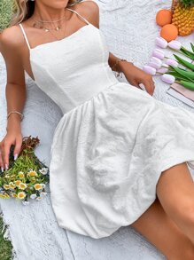 GENKIRA Đầm Lộ Lưng Tương phản ren màu trơn Boho - trắng - Xem 1