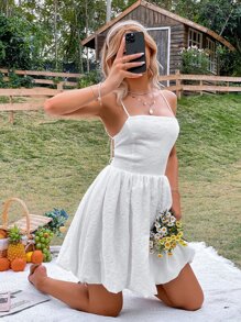 GENKIRA Đầm Lộ Lưng Tương phản ren màu trơn Boho - trắng - Xem 3