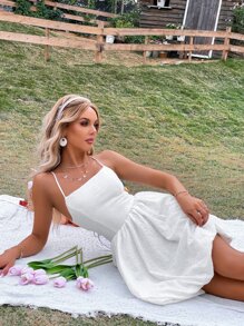 GENKIRA Đầm Lộ Lưng Tương phản ren màu trơn Boho - trắng - Xem 4