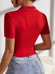 Muchica Solid Rib-knit Crop Tee - Red - View 2