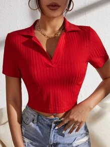 Muchica Solid Rib-knit Crop Tee - Red - View 5