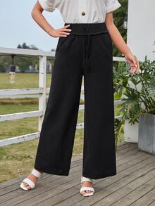 SHEIN Lettuce Trim Knot Front Wide Leg Pants - Black - View 1