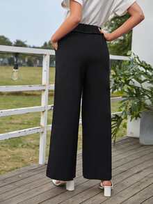 SHEIN Lettuce Trim Knot Front Wide Leg Pants - Black - View 2