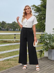 SHEIN Lettuce Trim Knot Front Wide Leg Pants - Black - View 3
