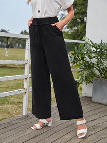 SHEIN Lettuce Trim Knot Front Wide Leg Pants - Black - View 4