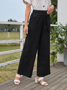 SHEIN Lettuce Trim Knot Front Wide Leg Pants - Black - View 5