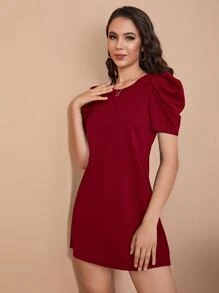 SHEIN Clasi Puff Sleeve Solid Dress,Tea Party Dress,Summer Dresses For Women - Burgundy - View 4