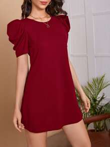 SHEIN Clasi Puff Sleeve Solid Dress,Tea Party Dress,Summer Dresses For Women - Burgundy - View 5
