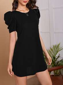 SHEIN Clasi Vestido sólido negro con mangas abullonadas para mujer, vestido de té - Negro - Ver 5
