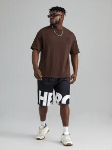 Manfinity VCAY Men Plus Cotton Slogan & Graphic Print Drop Shoulder Tee - Coffee Brown - View 3