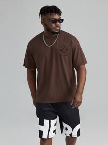 Manfinity VCAY Men Plus Cotton Slogan & Graphic Print Drop Shoulder Tee - Coffee Brown - View 4