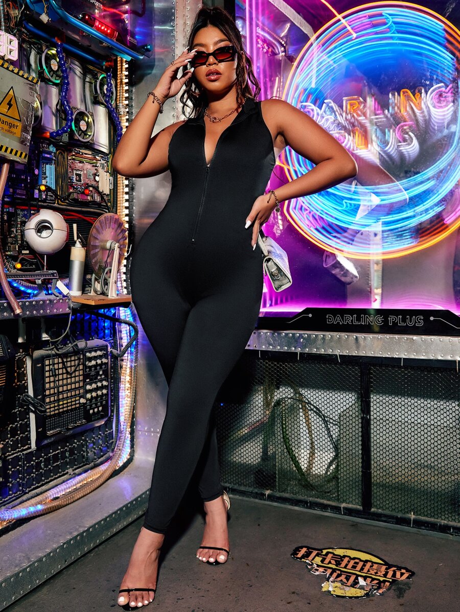SHEIN ICON Plus Zip Front Unitard Jumpsuit - Black - View 1