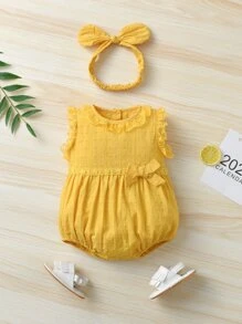Bebé Body con lazo delantero con encaje en contraste con diadema - Amarillo - Ver 1