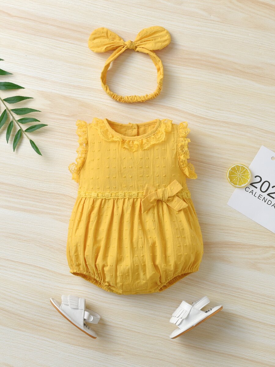 Bebé Body con lazo delantero con encaje en contraste con diadema - Amarillo - Ver 1