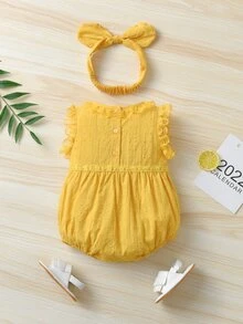 Bebé Body con lazo delantero con encaje en contraste con diadema - Amarillo - Ver 2
