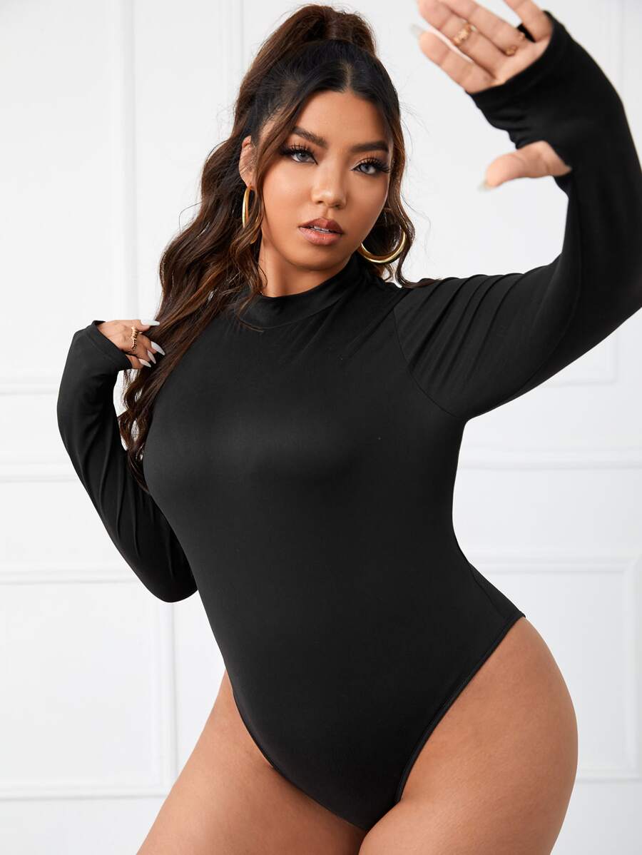 SHEIN SXY Plus Thumb Holes Mock Neck Bodysuit - Black - View 1