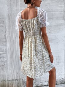 Ditsy Floral Sheer Mesh Puff Sleeve Dress - Multicolor - View 3