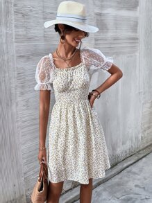 Ditsy Floral Sheer Mesh Puff Sleeve Dress - Multicolor - View 4