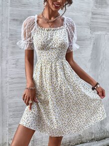 Ditsy Floral Sheer Mesh Puff Sleeve Dress - Multicolor - View 1