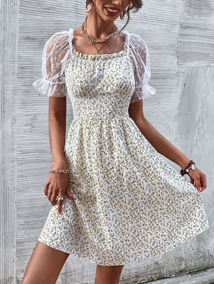 Ditsy Floral Sheer Mesh Puff Sleeve Dress - Multicolor - View 1