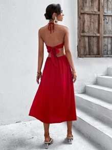 SHEIN Unity Đầm Lộ Lưng Nhẫn Buộc lại Tách cao màu trơn Gợi cảm - Đỏ - Xem 3