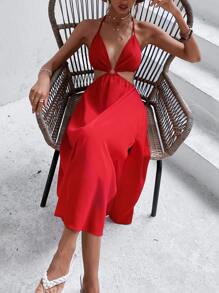 SHEIN Unity Đầm Lộ Lưng Nhẫn Buộc lại Tách cao màu trơn Gợi cảm - Đỏ - Xem 4