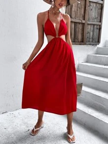 SHEIN Unity Đầm Lộ Lưng Nhẫn Buộc lại Tách cao màu trơn Gợi cảm - Đỏ - Xem 5