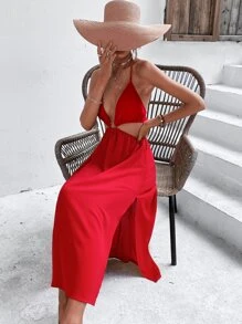 SHEIN Unity Đầm Lộ Lưng Nhẫn Buộc lại Tách cao màu trơn Gợi cảm - Đỏ - Xem 6