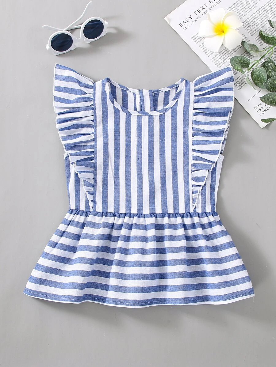 SHEIN Niñas Blusa de rayas ribete con fruncido - Azul y blanco - Ver 1