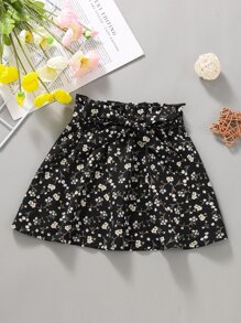 SHEIN 小女童小碎花紙袋腰腰帶半身裙 - 黑色 - 查看 1