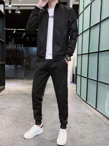 Men Zip Up Jacket & Joggers Set - Black - View 1